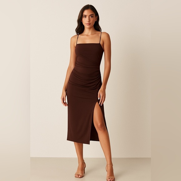 Dresses & Skirts - Brown Ruched Bodycon Midi Dress Sz S Spaghetti Strap Slit Wedding Cocktail Party